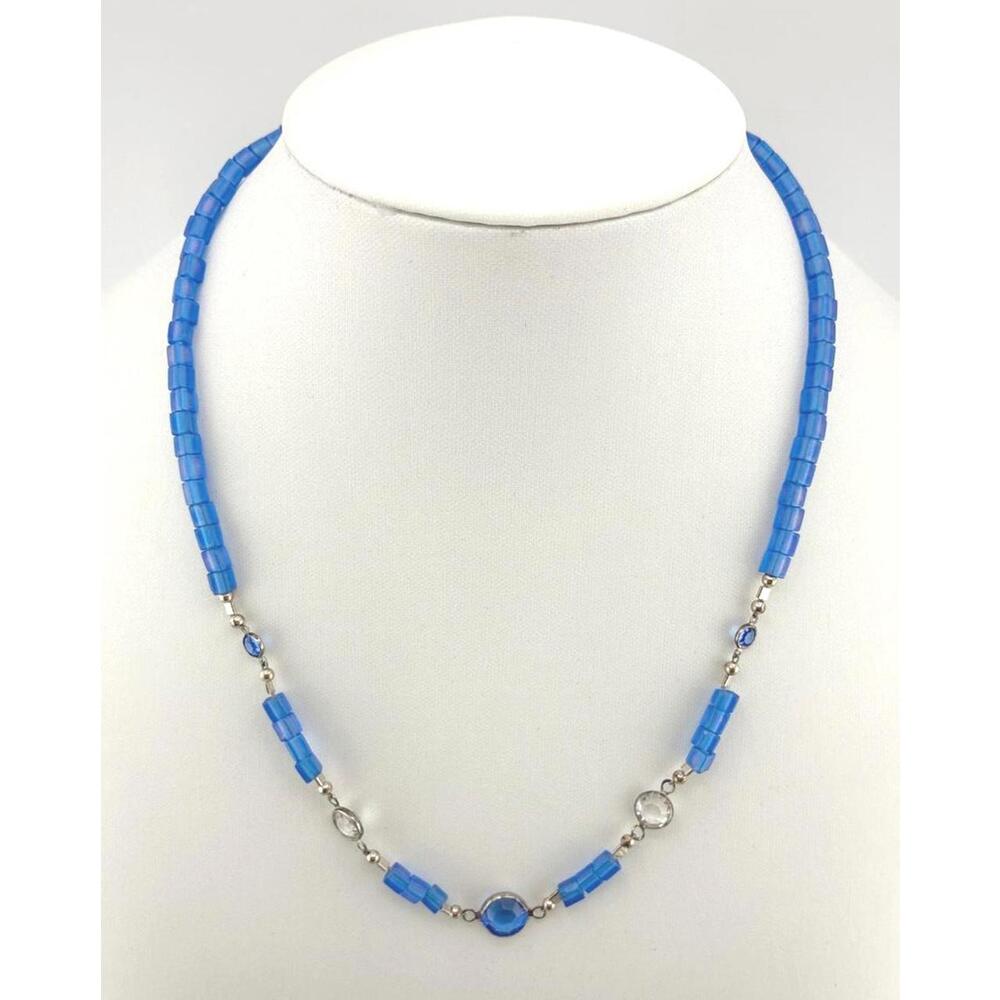 Blue Miyuki Glass & Austrian Crystal Beaded Necklace Choker Sterling Silver 16"